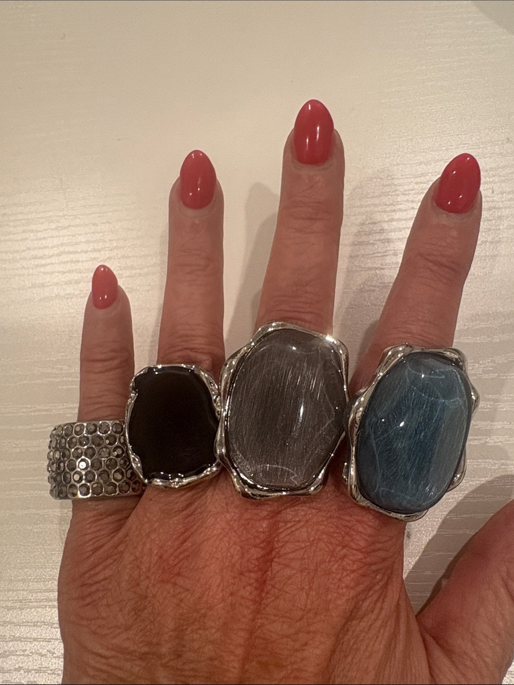 New 4 Statement Silver Rings with Black, Gray, Clear Rhinestone and Blue Stones